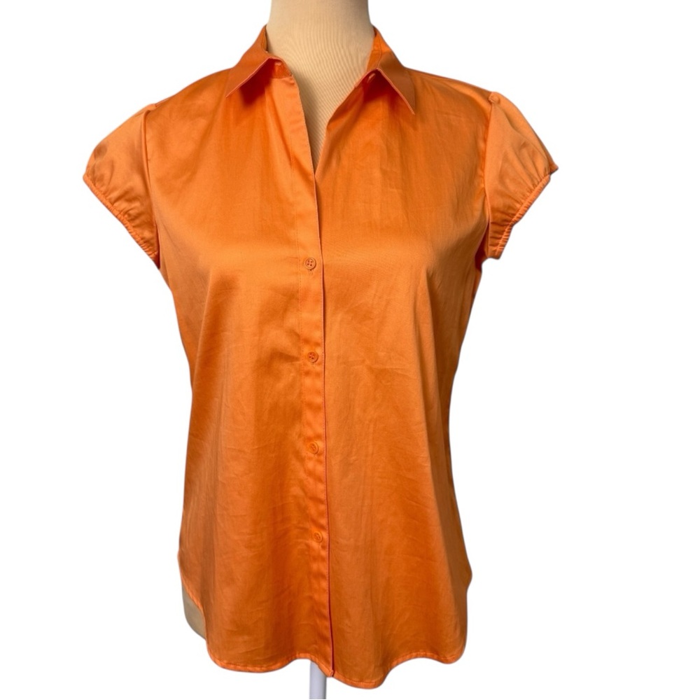 Theory Vibrant Orange Cap Sleeve Button Down Blouse Size Medium EUC